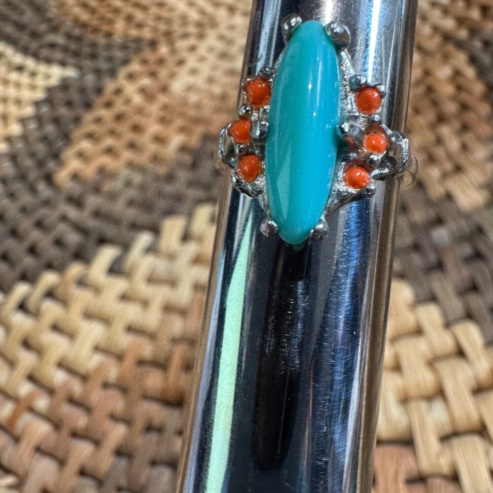 Vintage Silver Ring With Turquoise & Coral Gemstones Size 6 - 18KHGE Marked - Picture 9 of 9